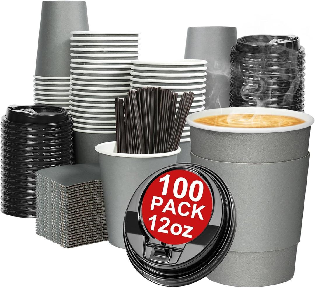 100 Pack 12 oz Disposable Paper Coffee Cups with Lids and Sleeves and Stirring Sticks, Leak-free Disposable Insulated Paper Cups for To Go Hot or Cold Beverages(Gray)