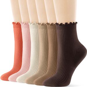 FITRELL 6 Pairs Ruffle Socks, Womens Soft Breathable Cute Lettuce Ankle Crew Frilly Socks (5-8.5, Dark Brown+brown+khaki+cream,light Pink+orange)