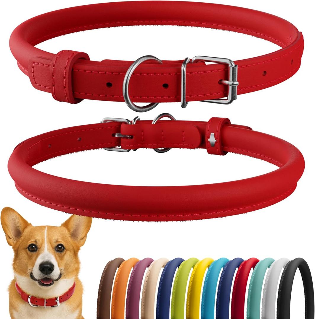 CollarDirect Rolled Leather Dog Collar, Soft Padded Round Puppy Collar, Handmade Genuine Leather Collar Dog Small Large Cat Collars 13 Colors (12-15 Inch, Red Smooth)