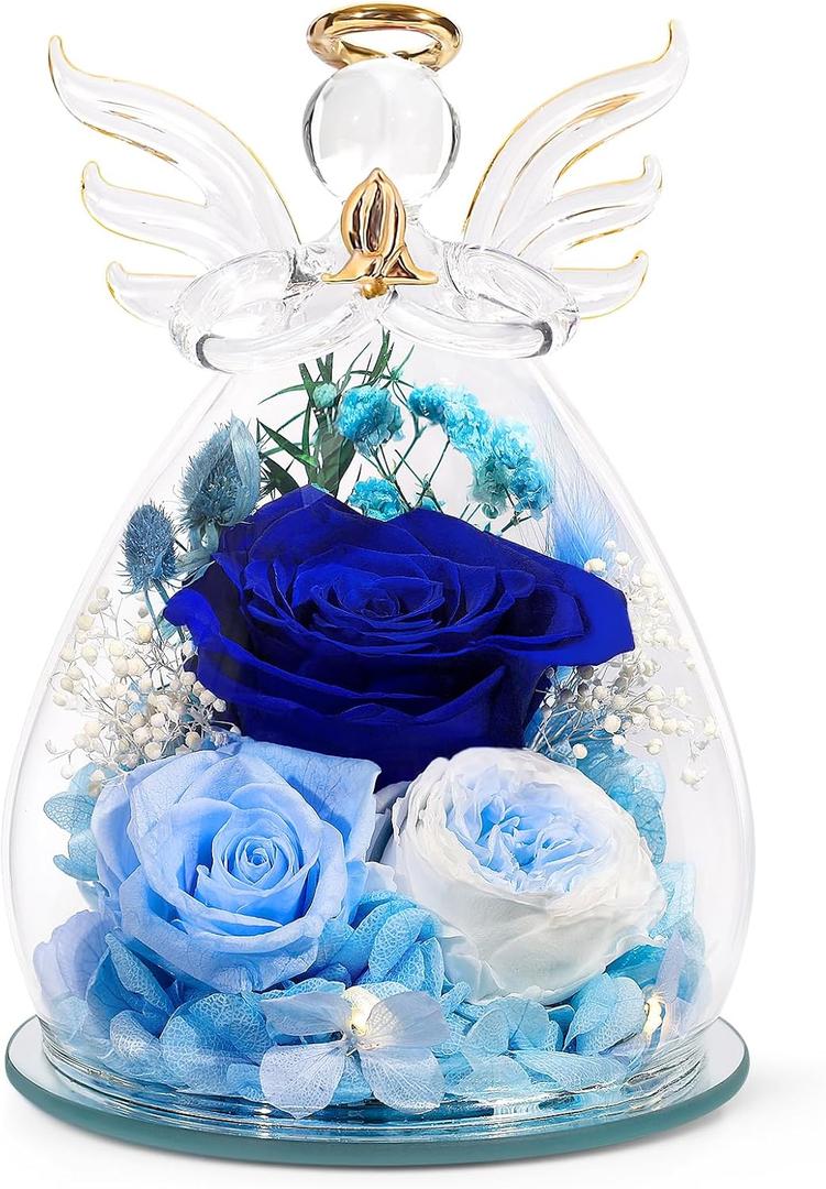 Gifts for Women Preserved Rose Forever Flower in Glass Angel Figurines Fresh Flowers for Delivery Prime Mothers Day Birthday Gifts for Mom Real Blue Roses for Grandma Sister Wife Her from Daughter (Blue (Rose, Austin, Baby's Breath, Hydrangea))