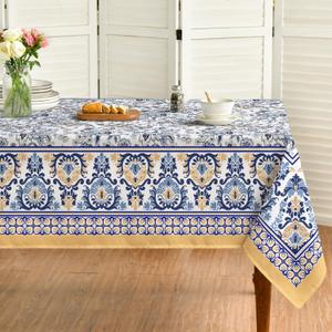 Horaldaily Arabesque Rectangular Tablecloth 60x84 Inch, Yellow and Blue Floral Rustic Washable Seasonal Table Cover for Party Picnic Dinner Decor