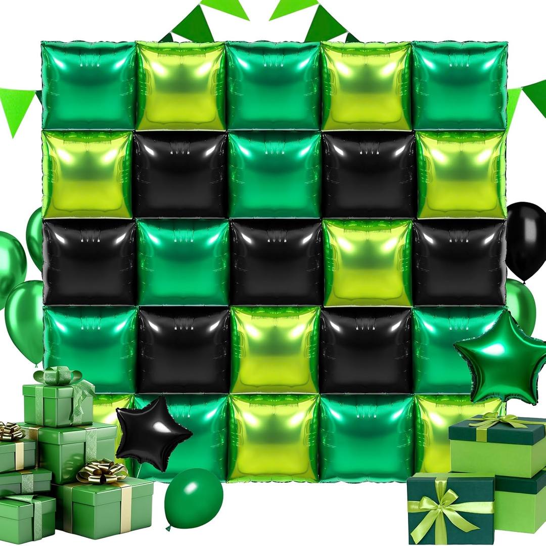 25 Pcs Green Black Square Foil Balloons Double Sided Balloon Backdrop Wall for Video Game Theme Jungle Safari Party Baby Shower Wedding Graduation Birthday Decorations