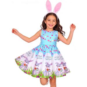 Gorkonpy Easter Dresses for Girls Toddlers Kids Bunny Flower Dress for Spring Party (Blue)