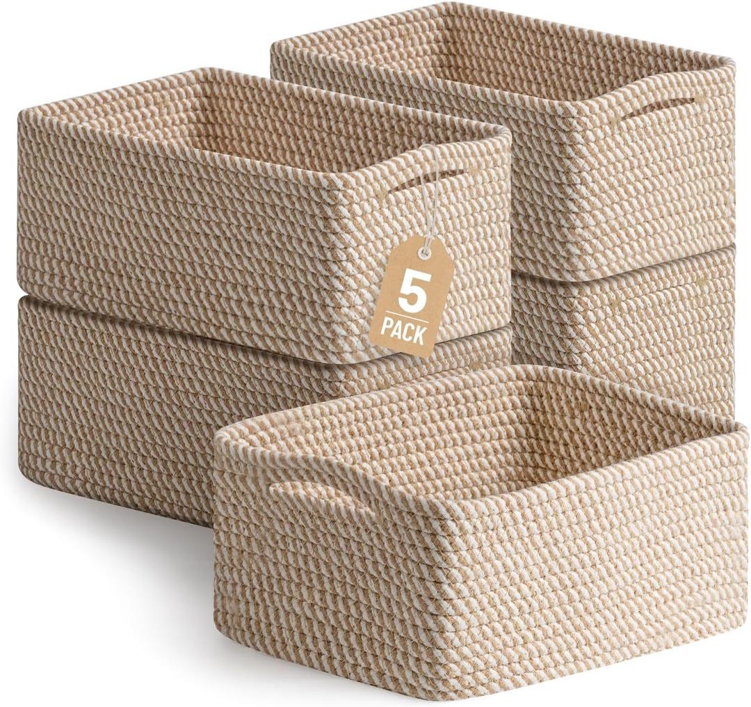 5 Pack Decorative Small Storage Baskets for Shelves, Cotton Rope Woven Basket for Organizing Bathroom, Nursery, Closet, Cabinet, Toys & Socks, Gift Baskets Empty, 11.8"x7.9"x4.7", Khaki