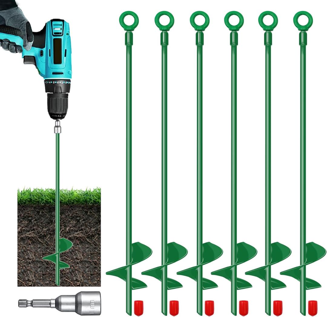 18" Ground Anchor Kit 6pcs, 3" Extended Helix Diameter Earth Anchor, Heavy Duty Spiral Earth Anchors Shed Anchor Hook for Camping Tent, Car Ports, Sheds, Swing Sets, Canopies, Securing Animals (Green)
