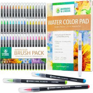 Norberg & Linden Real Waterbrush Set - 48 Watercolor Paint Markers, 1 Refillable Water Brush, Painting Pad - Nylon Tips for Drawing & Calligraphy - Coloring Pens for Professional & Beginner Artists