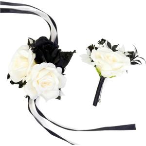 Wedding Flower Set with Rose Corsage and Boutonniere for Men (Black & White)