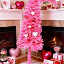 5ft Prelit Pink Valentines Day Spring Christmas Tree Decorations with 150 Dual-Color LED Lights,Light Up Xmas Lighted Pencil Tree for Indoor Decor with 525 Tips, Metal Stand, Plug-in Powered