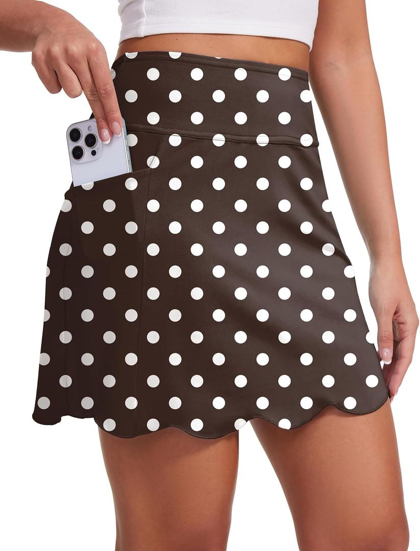 M MOTEEPI Skorts for Woman with Pockets 16" Golf Athletic Skirts Scalloped Hem Tennis Skirt Dressy Casual (XS, Polka Dot Brown)