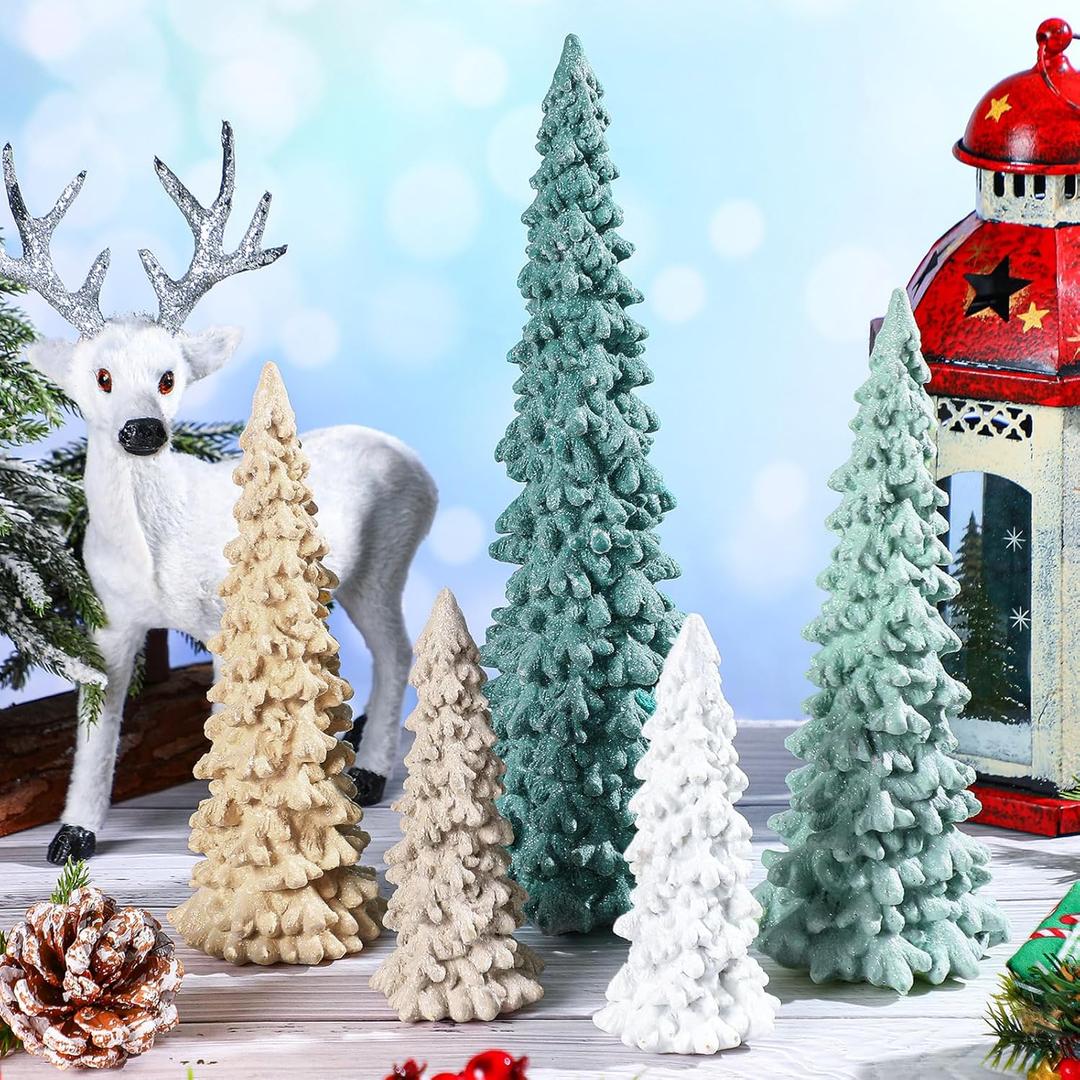 5 Pcs Sage Green Christmas Tree Figurines 11''/ 8.6''/ 7''/4.7'' Glittered Christmas Trees Resin Stone Xmas Holiday Figurines Xmas Desk Decor Centerpieces for Tabletop Decorations