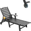 Carauci Lounge Chair Outdoor, HDPE Chaise Lounge with Wheels, 5-Position Adjustable Backrest & 2 Cup Holders Patio Lounge Chair, All-Weather Pool Sun Lounger for Poolside, Backyard, Black, 1 PC