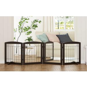 PAWLAND Freestanding Dog gate with Walk Through Door, Dog Gates for Doorways, The House, Stairs, 80" Wide Pet Puppy Safety Fence with Support Feet, 4 Panels, Espresso