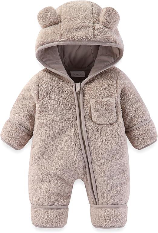 AiWMGL Newborn Baby Bear Outfit With Fold-Over Mittens and Footies Girls Boys Winter Fleece Clothes Hooded Romper Snowsuit