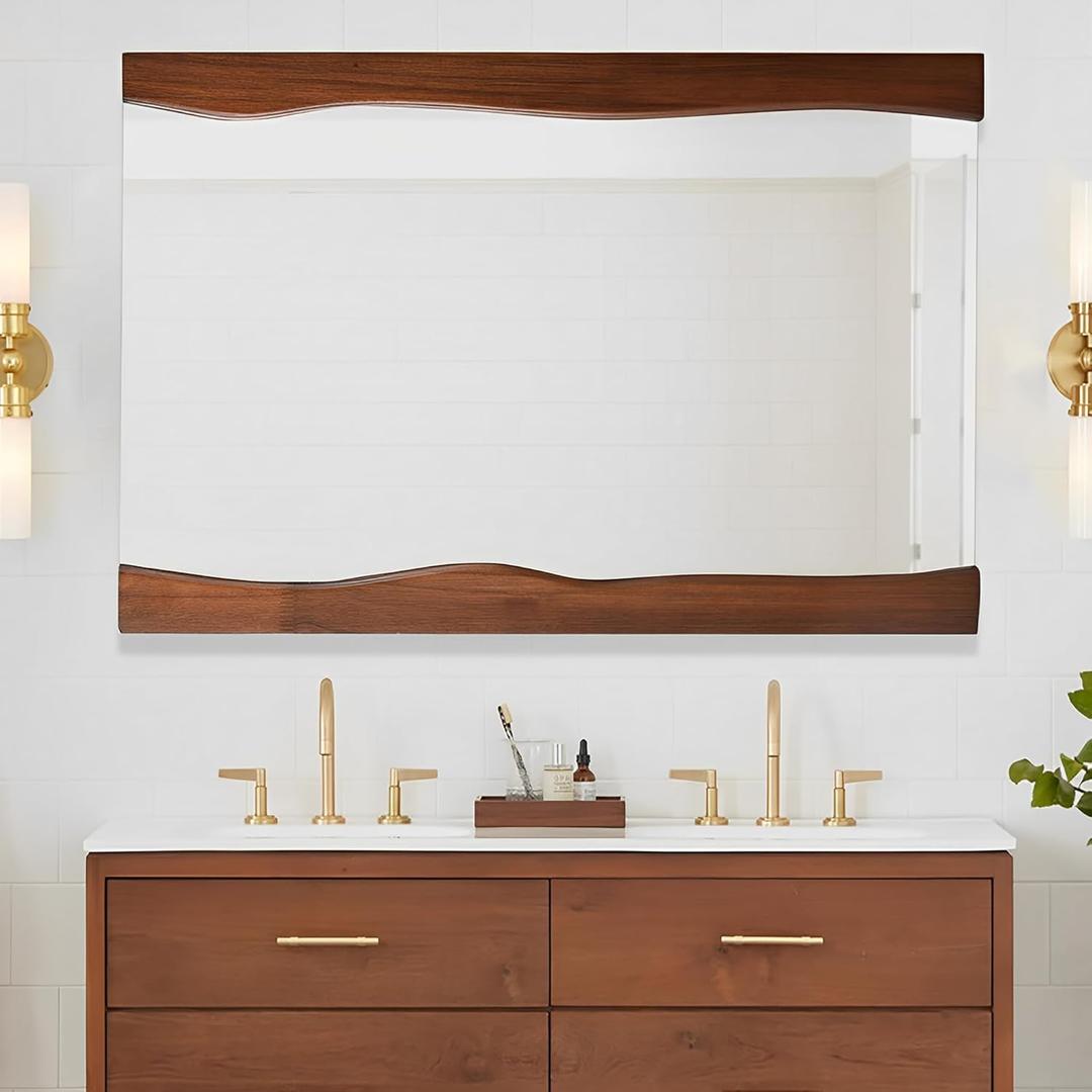 Tanmicoshomy Wood Bathroom Mirrors for Wall 24x32 Inch, Irregular Wooden Framed Rectangular Wall Mirrors for Bathroom Bedroom or Entryway, Horizontal or Vertical Hanging (Brown)
