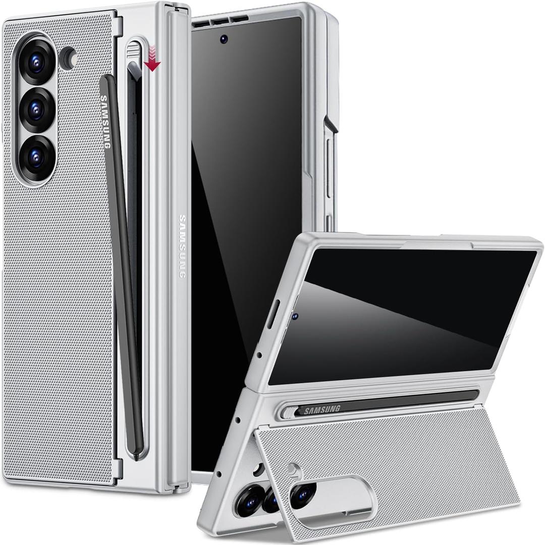 Miimall for Galaxy Z Fold 6 Case with S Pen Holder Slot [Military Grade Drop] [Built-in Privacy Screen & Invisible Kickstand] Slim Thin Protective Phone Case for Galaxy Z Fold 6 5G Cover Silver