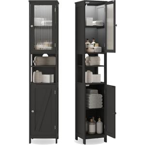ChooChoo Tall Bathroom Storage Cabinet with Light5-Tier Narrow Bathroom Cabinet with 2 Doors, Slim Storage Linen Cabinet Freestanding with Adjustable Shelves for Space Saving, Black
