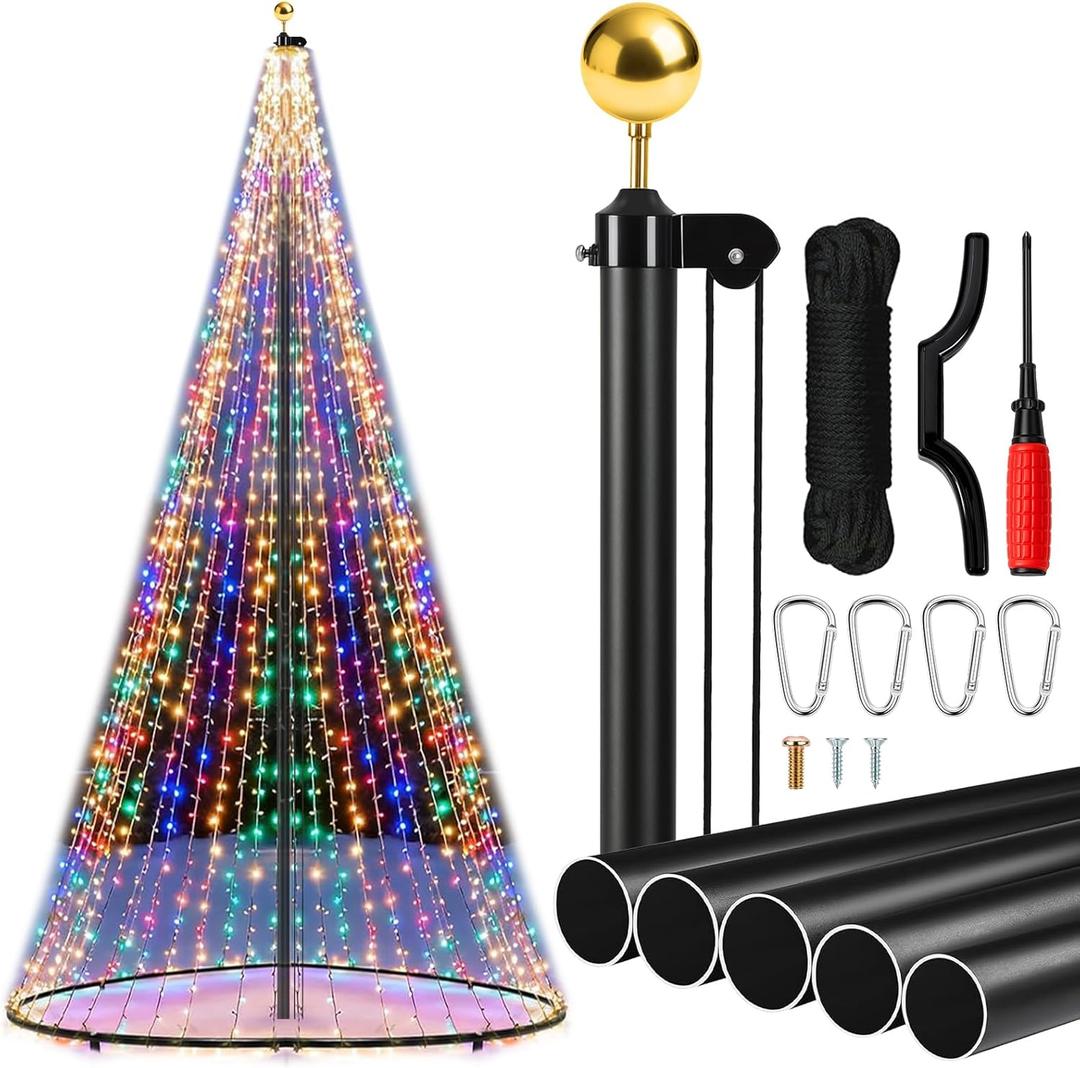25 ft Flagpole Outdoor Christmas Trees - Versatile Sectional Aluminum Flagpole with Golden Ball & Store Bag for Yard Garden Year Round Flag Display, No Lights