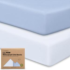 2-Pack Waterproof Baby Crib Sheets for Boys, Girls - 52x28 Viscose Derived from Bamboo Toddler Bed Sheet Neutral, Fitted Crib Mattress Protector Cover for Baby Bedding, Soft & Gentle (Blue Flax)