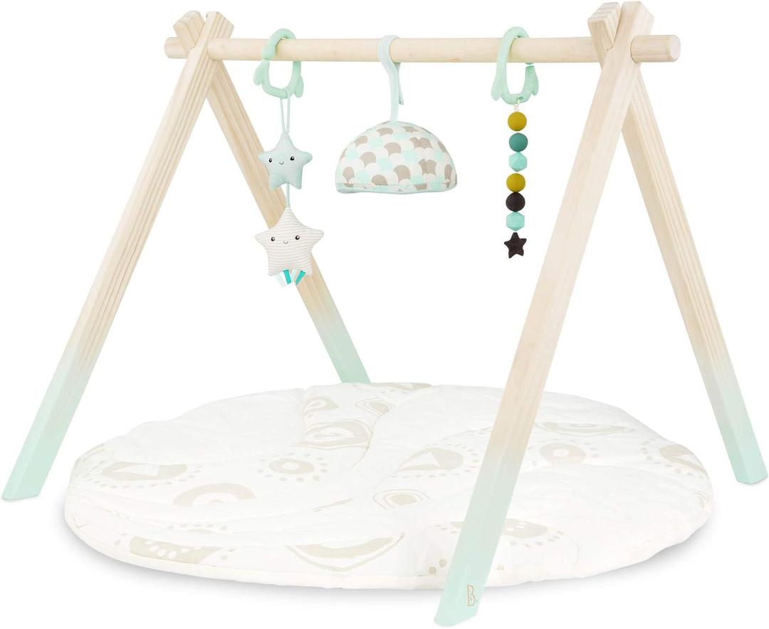 B. toys  Wooden Baby Play Gym  Activity Mat  Starry Sky  3 Hanging Sensory Toys  Natural Wood  Babies, Infants