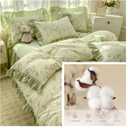 4pcs Duvet Cover Set Queen Size-100% Luxury Cotton Ultra Soft Ruffle bedding set includ 1 Duvet Cover with Zipper Ties,1 Fitted Sheet with Bed Skirt, 2 lace Pillow Shams for all season (light green)