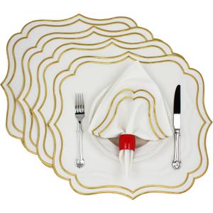 Cotton Linen Placemats Set of 4 - Double Layered, Machine Washable, Wrinkle Resistance, Scalloped & Embroidered Cloth Table Mats - Wedding, Spring mat, Giftable, 19 x 17 inch, Ivory Gold