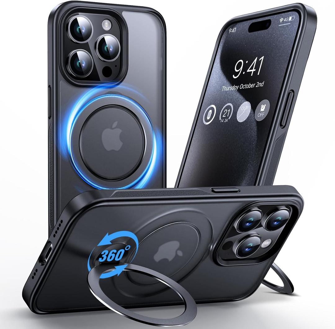 Anqrp 360 All-in-ONE Stand Case for iPhone 15 Pro with Rotatable Magnetic Kickstand Ring Holder, Compatible with MagSafe, MIL-Grade Shockproof iPhone 15 Pro Phone Case Cover 6.1" Black