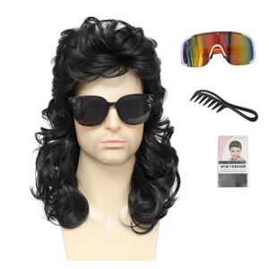 Mullet Wigs for men 80s Rock Wig Halloween Costume Fancy Party Accessories Wig (Sunglasses+Comb) (Black)