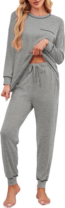 Becotal Soft Cotton Pajamas for Women Set 2 Piece Lounge Set Crewneck Long Sleeve Top and Jogger Pants Loungewear with Pocket Comfy Sleep Shirts Grey M