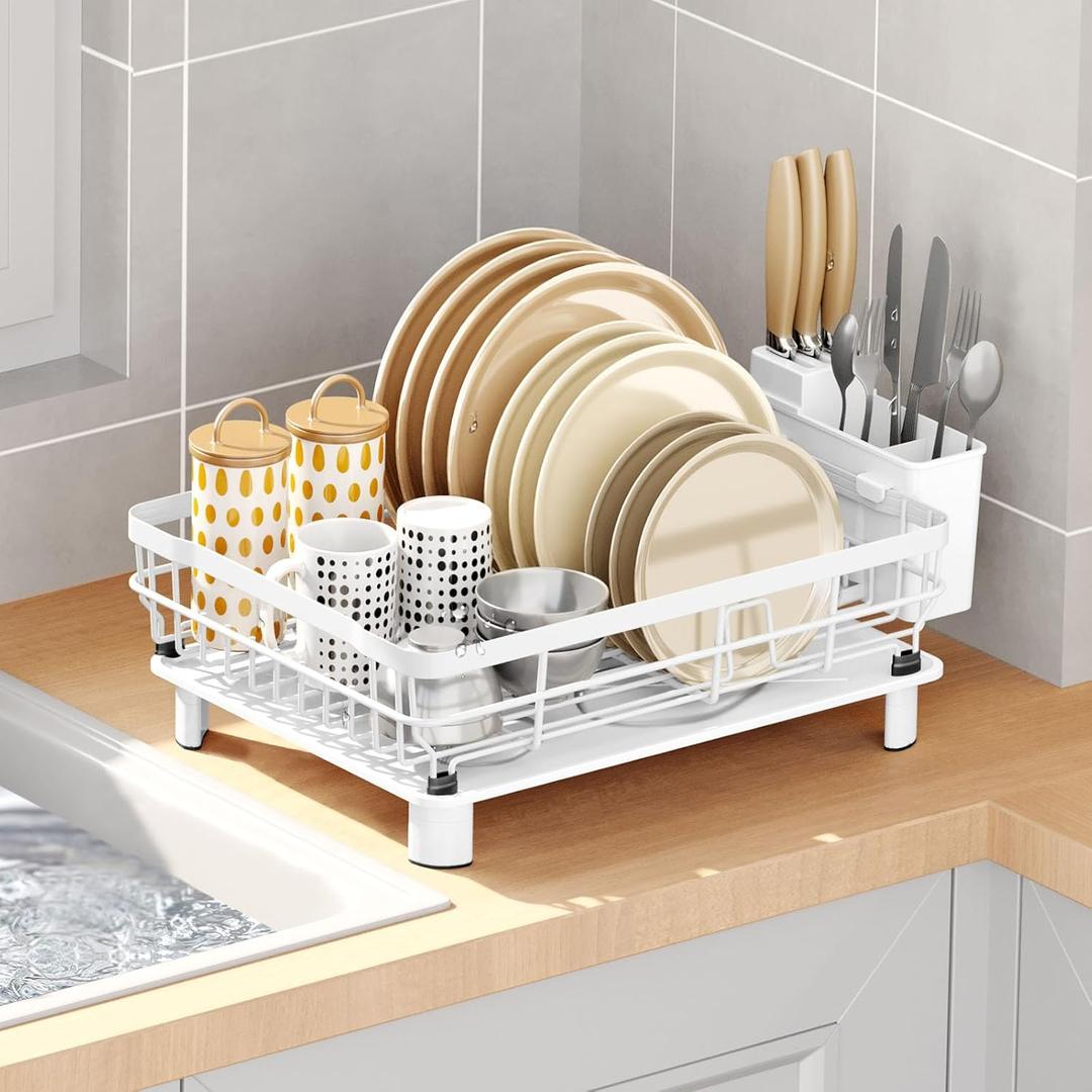 GAXmi Dish Drying Rack Over The Sink Drainer with Drainboard Utensil Holder, 1-Tier White