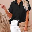Womens Cotton Linen Button Down Shirts Short Sleeve Dress Shirts Casual Summer Tops Blouses with Pockets (Black, M)