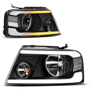 AUTOSAVER88 Switchback LED Tube Headlights Assembly Compatible with 2004-2008 Ford F150 F-150 DRL Headlight Headlamp Replacement Pair with Daytime Running Light Black Housing Clear Reflector