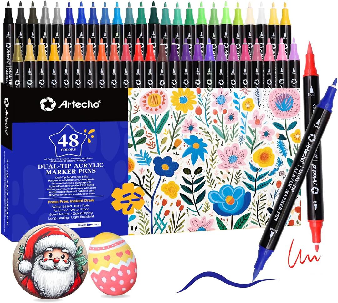 Artecho Acrylic Paint Markers 48 Colors, Acrylic Paint Pens with Brush Tip and Fine Tip for Stone, Rock Painting, Paper, Pumpkin, Wood, Egg, Canvas, Ceramic, Fabric, leather, Glass, DIY Crafts