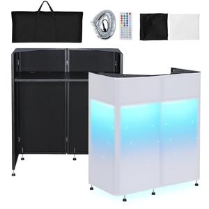 Kokorona Portable DJ Booth 20"x42.5"x45.3" with Dual Top Corners, DJ Facade Booth with Cable Hole, DJ Table Stand with Light Strip and Remote Control, Metal Frame + Black & White Scrims + Carry Bag