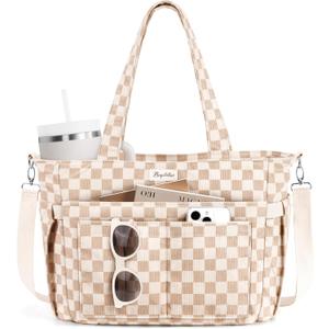 Bagstellar Corduroy Tote Bag for Women, 17 Pockets Laptop Work Tote Bag Lightweight Teacher Nurse Bible Bag for School Travel | with 40oz Cup Holder, Multi Compartment, Zipper Crossbody Bag, College Shoulder Bag, Daily Purse w/ Strap, Ideal Gift for Women (Beige Checkered)