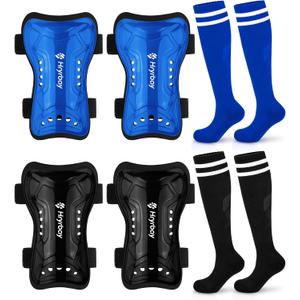 Hryrbay 2 Pairs Kids Soccer Shin Guards and Socks Set Toddler Shin Pads Protective Gear for Boys Girls Ages 3-15, Perfect for Play Training or Games Inspired by The World Cup