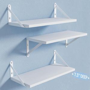 Wall Shelves 7.3" Deep Set of 3, Solid Paulownia Wood Wider Longer Sturdy Easy to Install Wall Mounted Bookshelves Storage Shelves Bathroom Storage Office Laundry Room Bedroom Organizer White