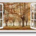 Renditions Gallery Canvas Nature Wall Art Home Paintings & Prints Autumn Misty Forest Romantic Modern Window View Canvas Wall Hanging Decorations for Bedroom Office Kitchen 48x32