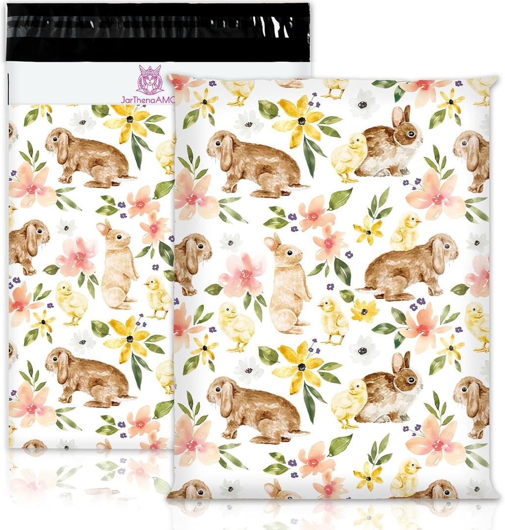 JarThenaAMCS 50 Pcs Easter Floral Bunny Poly Mailers 10 x 13 Inch Boho Flower Rabbit Packaging Bags Self Seal Mailing Envelope Bags for Small Business Clothing Document