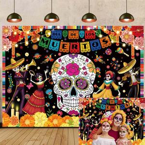 2 x Day of The Dead Backdrop Dia De Los Muertos Photography Background Sugar Skull Flower Mexican Fiesta Themed Party Decorations Banner Photo Studio Props (7x5FT: 84x60 inch)