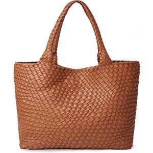 Woven Shoulder Bag for Women, Fashion Top Handle Soft Vegan Leather Shopper (Brown)