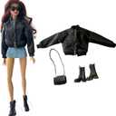 Black Fashion Doll Outfit Set, Bomber Jacket with Combat Boots and Chain Bag, for 11.5-12 inch Dolls, 1/6 BJD Action Figures