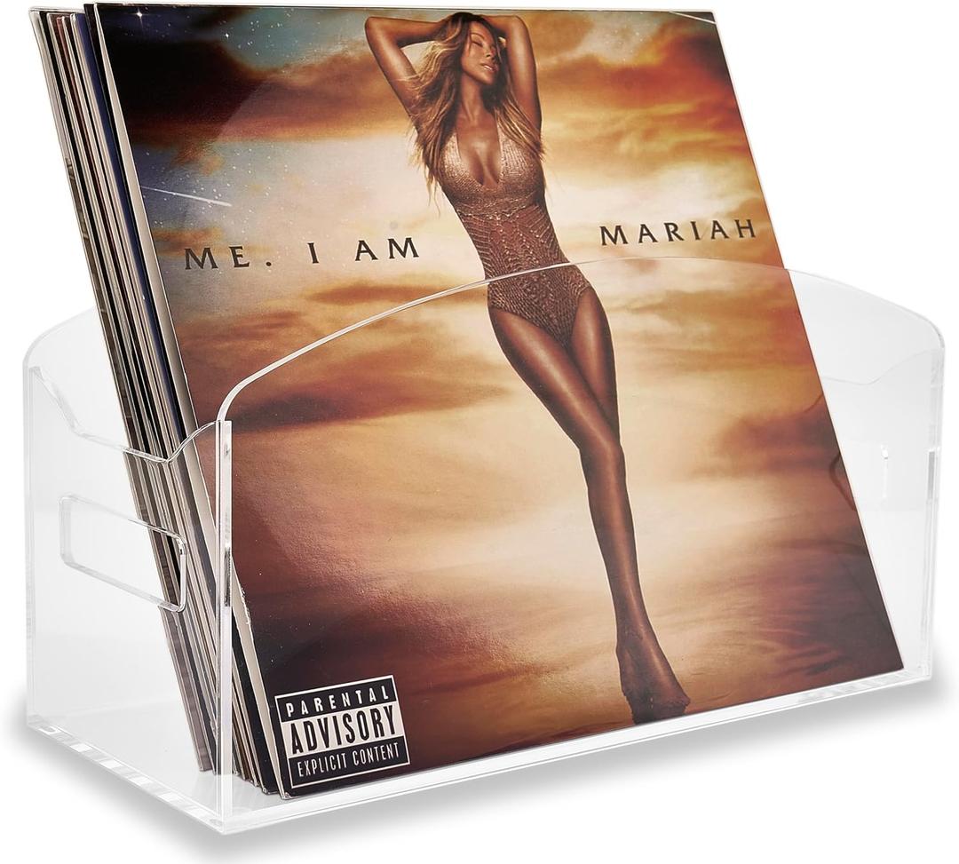 Meicloud Acrylic Record Holder - Modern Vinyl Record Storage Box, LP Record Organizer, Clear Lucite Record Case with Handles, Album Record Display Bin, Holds up to 35-45 Records