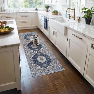 2x5 Washable Hallway Runner Rug: Indoor Farmhouse Entryway Kitchen Rugs Oriental Thin Non-Slip Water Resisitant Carpet for Bathroom Laudry Ultra Soft Floor Mat for Living Room Bedroom(2X5,Blue)