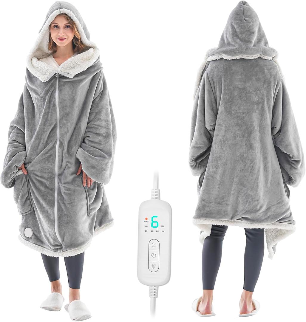Wearable Heated Blanket with Zipper Design, Electric Wearable Throw Blanket with Sleeves, Hood, Heated Hoodie Blanket, Wearable Electric Blanket with 8 Heating Levels, 1-10H Auto-off Settings, 43*60"