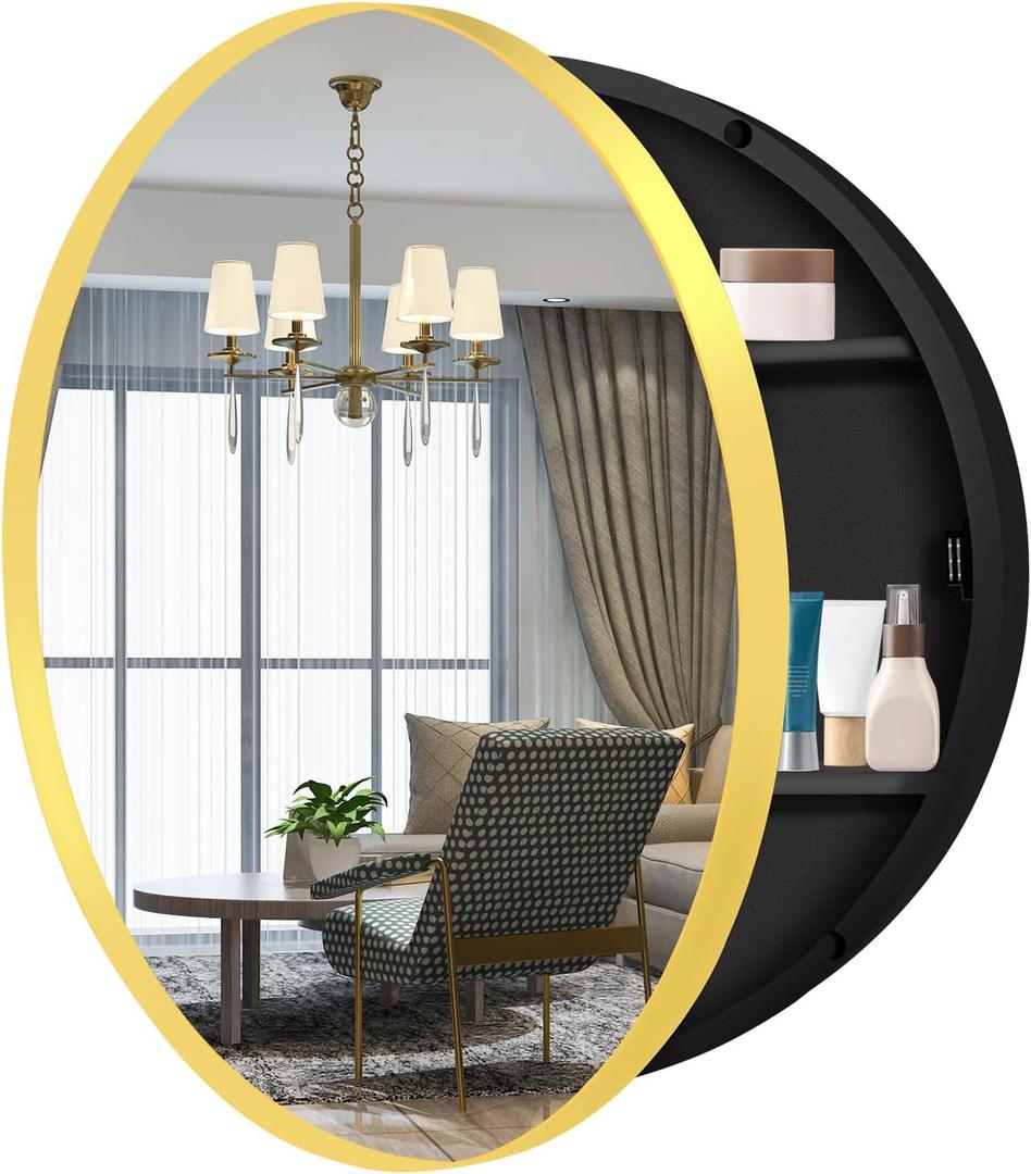 26 Inch Round Medicine Cabinet with Mirror, Gold Bathroom Medicine Cabinet for Wall Metal Framed, Surface Mount Only Circular Storage Cabinet with Vanity Mirror