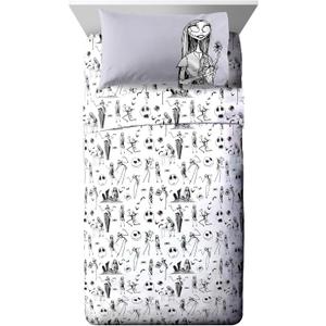 Jay Franco Kids Sheet Set with Fitted, Flat Sheets & Pillow Cover - Ultra-Soft Bedding with Pillowcase for Room Decor, White - Nightmare Before Christmas, 4 Piece Queen