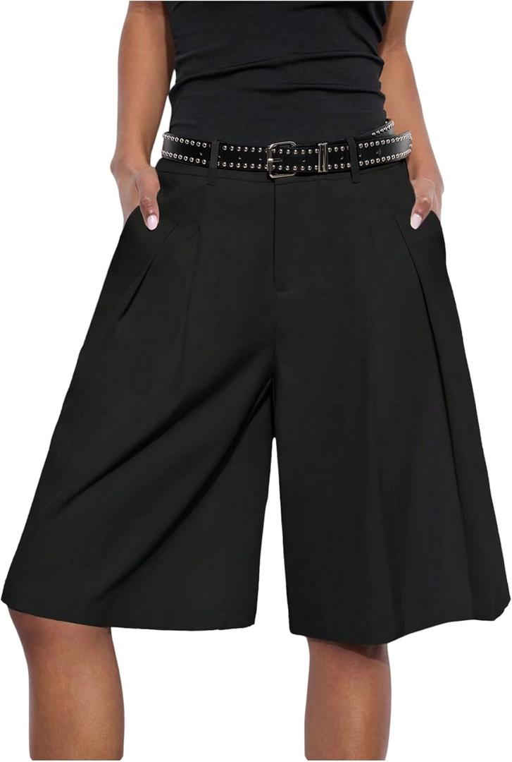 GORGLITTER Women's Pleated Baggy Dress Shorts Wide Leg Oversized Busniness Casual Office Work Shorts with Pockets (Large, Black)