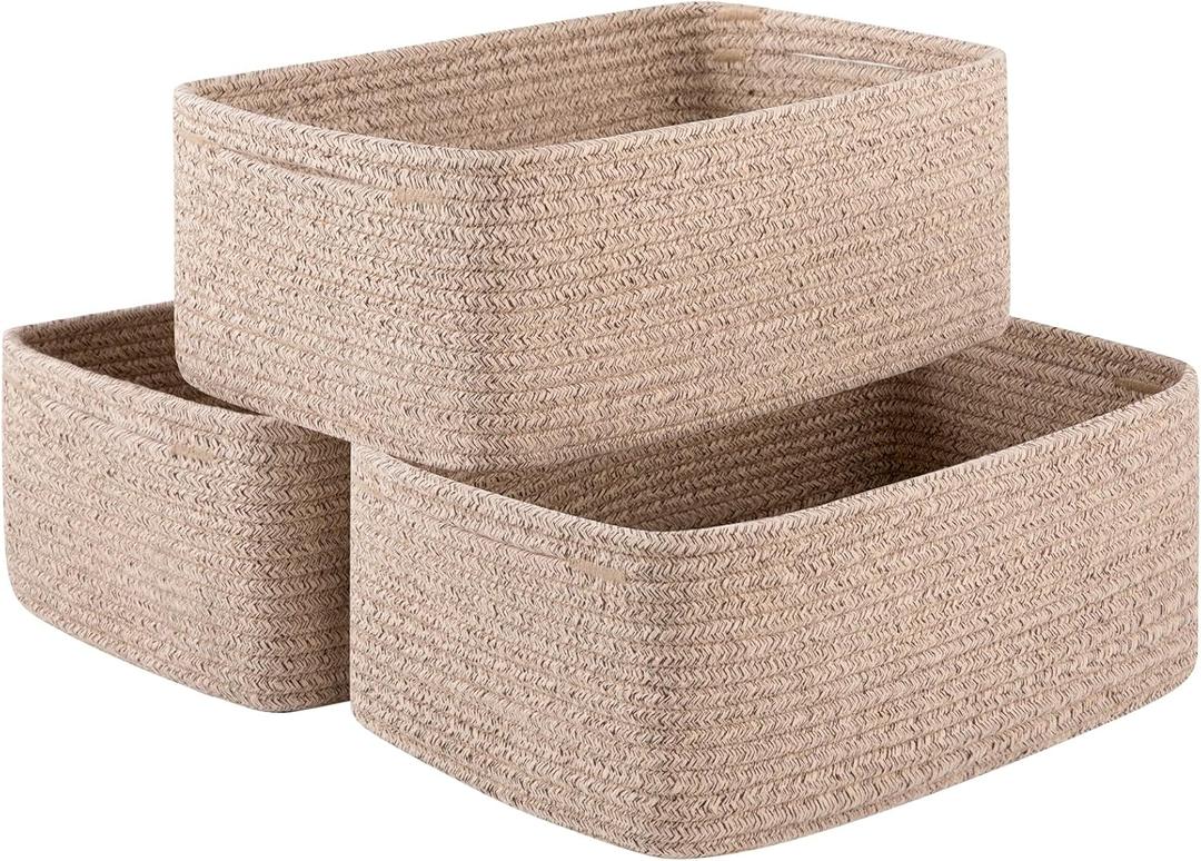 OIASKET 3 Pack Small Storage Baskets for Organizing, Cute Woven Decorative Gift Baskets for Shelves, Mini Closet Organizer Bins with Handles-13''Lx8.66''Wx5.11''H-Brown