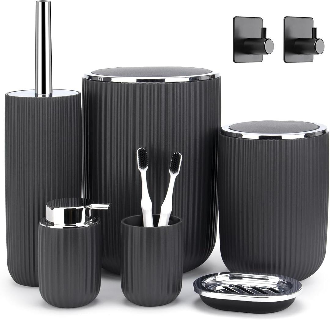 Boperzi Bathroom Accessories Set Complete: 8pc Bathroom Accessory Set with Trash Can 2pc for Floor/Counter, Toilet Brush, Soap Dispenser, Toothbrush Holder, Adhesive Hook, Grey Modern Bathroom Set (Dark Gray)