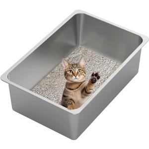 Kirecoo Stainless Steel Cat Litter Box XXL- Metal High Sided Cat Pan, Large Stainless Steel Box, Indoor Litter Tray, Non Stick, No Smell, Easy to Clean, Pet Toilet Supplies for Kitten, Kitty, Rabbit (23.43" L x 15.55" W x 7.68" H)